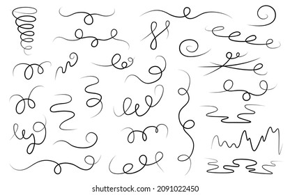 Set doodles whirlwinds, swings, swoop, swish hand-drawn. Vector illustration on a white background. Elements from twisted lines for design or decoration.