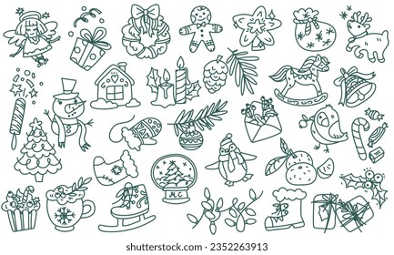 A set of doodles Winter time New Year. Vector illustrations drawn by hand. Contour drawings of Christmas accessories, food, and comfort items. Doodle elements on a white background for design