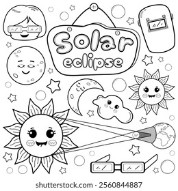 A set of doodle-style cartoon illustrations of a solar eclipse, cute and perfect for children's coloring books.