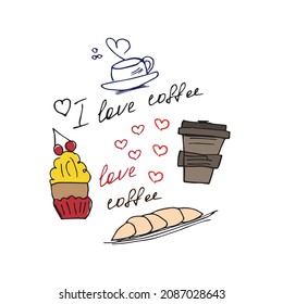 set of doodle-style coffee elements isolated on a white background with the text I love coffee. Vector illustration