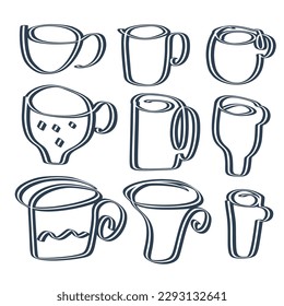 A set of doodle-style cups isolated on a white background. Vector illustration