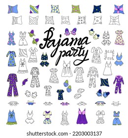 set of doodle-style drawings for the design of a pajama party and a children's bedroom. template Slumber party for kids.  illustration of  in a doodle style. elements for good sleep.coloring book anti