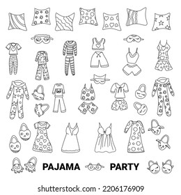 set of doodle-style drawings for the design of a pajama party and a children's bedroom. template Slumber party for kids.  illustration of hand-drawn sketches in a doodle style. 