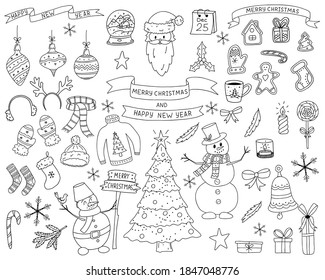 A set of Doodle-style elements. Collection of elements of new year and Christmas design. The sketch is hand-drawn and isolated on a white background. Outline drawing. Black-white vector illustration