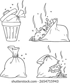 Conjunto de ilustraciones de estilo doodle que representan varias formas de basura y basura, incluido un contenedor lleno, bolsas desbordantes y una bolsa rasgada. Ideal para transmitir conceptos de gestión de residuos, contaminación.