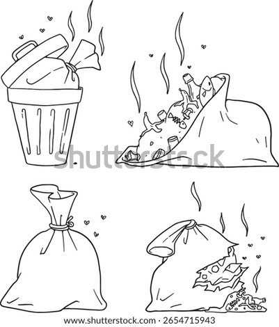 set of doodle-style illustrations depicting various forms of trash and garbage, including a full bin, overflowing bags, and a ripped bag. Ideal for conveying concepts of waste management, pollution.