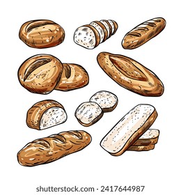 A set of doodle-style illustrations featuring bread, pastries, and buns. This vector illustration collection showcases various baked goods in a playful and hand-drawn style.