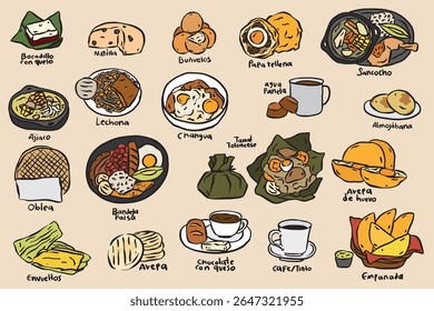 Um conjunto de ilustrações em estilo doodle com pratos típicos colombianos. Este estilo colorido é ideal para conteúdo cultural, educacional, culinário ou turístico.