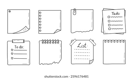 Set of doodle-style journal and notebook pages. Hand-drawn planner sheets, to-do lists, and daily schedule templates