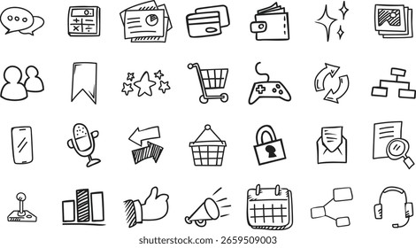 Um conjunto de ícones vetoriais estilo doodle apresentando elementos essenciais de IU social.