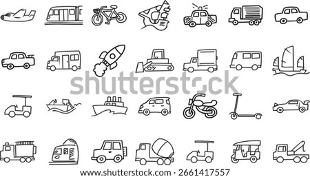 A set of doodle-style vector icons themed around transportation.