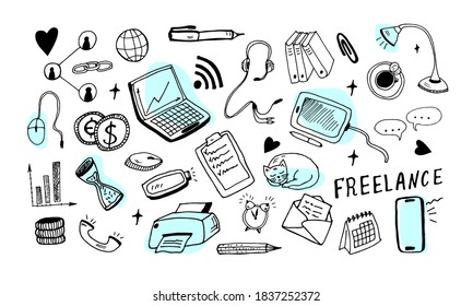 Set of doodls work at home. Work at home concept. Set of drawings black and white. Flexible, home bases, part time job. Doodle illustration for web banners, hero images, printed materials.