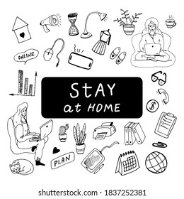 Set of doodls work at home. Woman freelancer, sitting cross-legged, works for computer remotely from home. Flexible, home bases, part time job. 