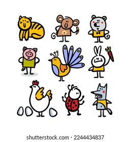 Set of doole hand drawn children characters animals, birds and insects. Collection of vector images for kids illustrations.