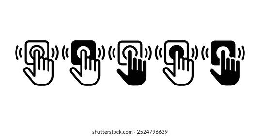 set of door bell with hand pushing click button icon symbol sign vector design black white color illustration isolated