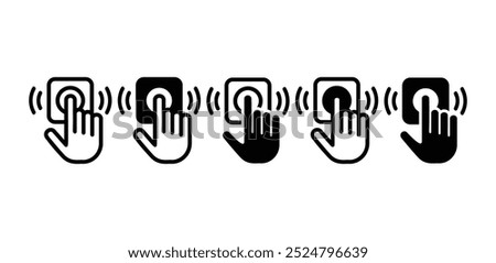 set of door bell with hand pushing click button icon symbol sign vector design black white color illustration isolated