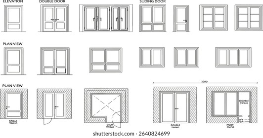 set of door floor plan top view and side. Architectural kit of icons for interior project. Door for scheme of apartments. Construction symbol