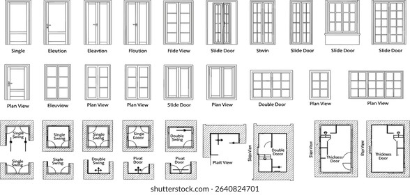 set of door floor plan top view and side. Architectural kit of icons for interior project. Door for scheme of apartments. Construction symbol