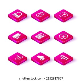 Set Door handle, Cloud computing lock, Smartphone with closed padlock, Password protection safety access, Safe, Shield key and Lock icon. Vector