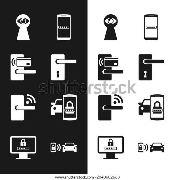 Set\
Door handle, Digital door lock with wireless, Keyhole eye, Mobile\
password,  and Smart car security system icon.\
Vector