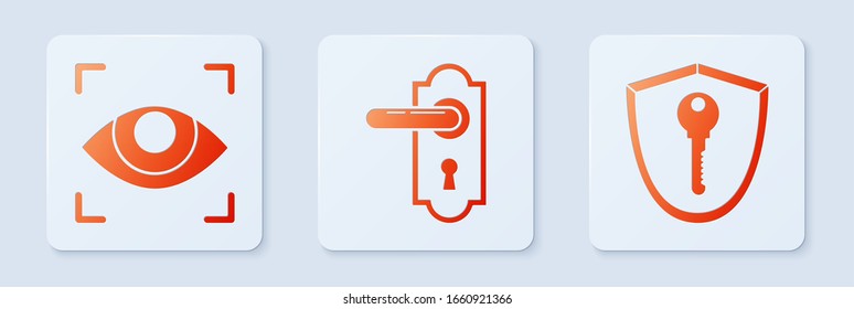 Set Door handle , Eye scan  and Shield with key . White square button. Vector