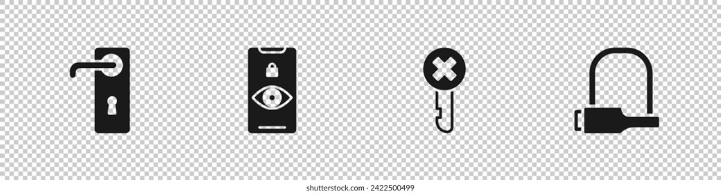 Set Door handle, Eye scan, Wrong key and Bicycle lock icon. Vector
