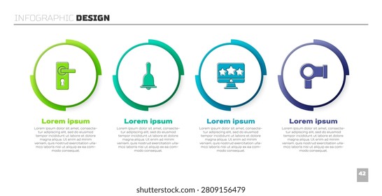 Set Door handle, Hotel service bell, Five stars rating review and Hair dryer. Business infographic template. Vector