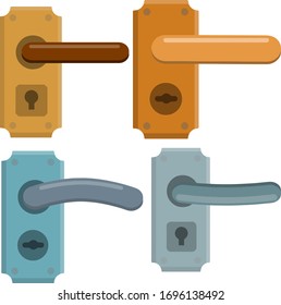 Juego de manecilla de puertas. Apertura y cierre. Icono plano de caricatura aislado en blanco. Puerta y elemento de entrada. Bloqueo y tecleo