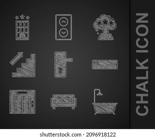 Set Door handle, Sofa, Bathtub with shower, Air conditioner, Lift, Stairs up, Five stars rating review and Hotel building icon. Vector