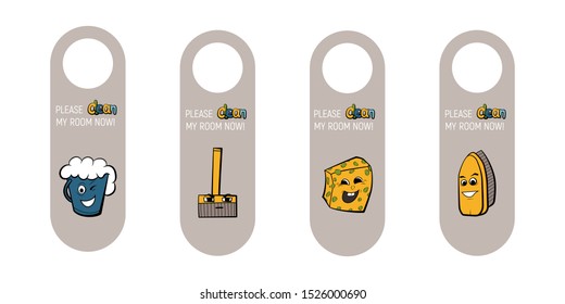 Set Of Door Hangers. Vector Illustration. Please Clean My Room Now.