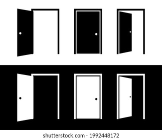 Juego de iconos de puerta. Puerta abierta y cerrada. Blanco y negro. Vector de ilustración