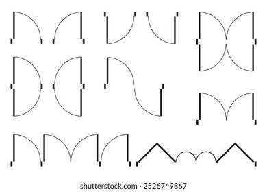 Conjunto de ícones de porta para planta baixa. Sinalização de entrada e saída para planta do piso da arquitetura na vista superior. Elementos para desenhar o projeto isolado no fundo branco. Ilustração gráfica vetorial.