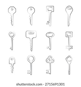 Un juego de llaves de la puerta. Ilustración de contorno plano. Siluetas clave aisladas sobre un fondo blanco.