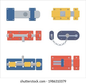 Juego de cierres de puerta, cierre de puerta, cerradura corredera con perno muerto de estilo plano.  Aislado sobre fondo blanco. Ilustración vectorial. 