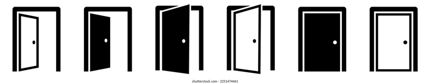 Set of door on white background. Simple line frame set. Open-close door. Doorway.