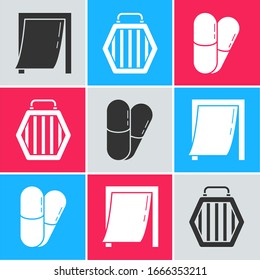 Set Door for pet, Pet carry case and Dog and pills icon. Vector