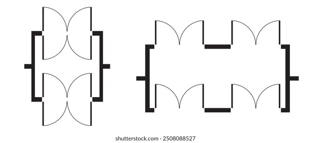 Conjunto de símbolos de Plan de puerta. Iconos de entrada de supermercado, centro comercial o tienda. Elementos de planta en la vista superior. Señales de arquitectura para el plano aislado en el fondo blanco. Vector ilustración gráfica.