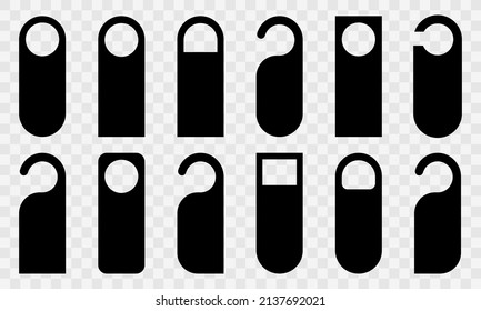 Set with door room hanger icons. Badge on doorknob with warning message. Tags on hotel door.