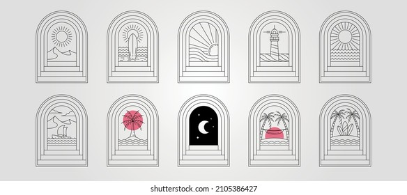 conjunto de puertas y escaleras diseño vectorial de la línea de la naturaleza, paisaje de belleza diseño abstracto de placa minimalista