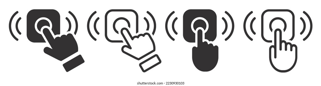 Set of doorbell icons. Pressing the doorbell hand. Ring the doorbell, delivery symbol, finger pressing doorbell. Vector illustration. svg