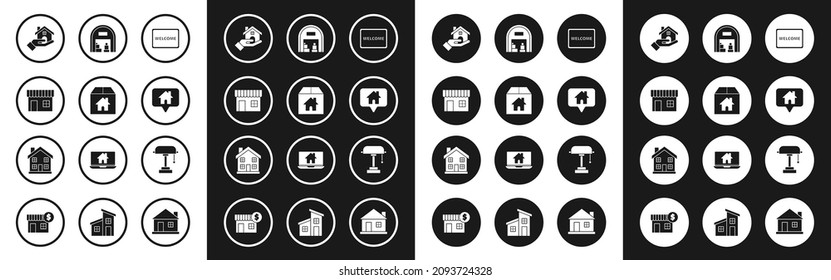 Set Doormat with the text Welcome, Cardboard box house, Shopping building market store, Realtor, Map pointer, Warehouse, Table lamp and Home symbol icon. Vector