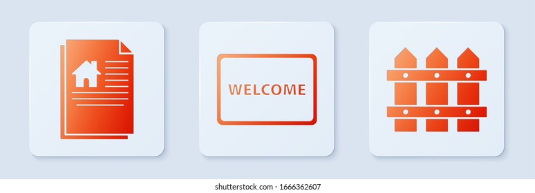 Set Doormat with the text Welcome, House contract and Garden fence wooden. White square button. Vector
