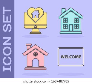 Set Doormat with the text Welcome, Monitor with house in heart shape, House and Home symbol icon. Vector