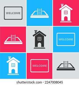 Set Doormat with the text Welcome, Swimming pool with ladder and Home symbol icon. Vector