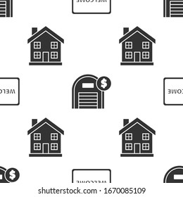 Establezca Doormat con el texto Bienvenida, Almacén con símbolo dólar y símbolo de Casa en un patrón sin problemas. Vector