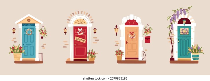 Set Of Doors Decorated For Spring Or Easter. Traditional Spring Home Decoration, Floral Wreath On The Door, Lanterns And Flowers. Vector Illustration