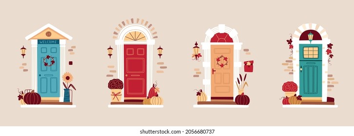 Set of doors decorated for Thanksgiving. Traditional Autumn home decoration, Fall wreath on the door in autumn, lanterns and pumpkins. Vector illustration