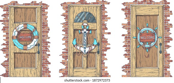 Set of doors. A door with an anchor, a door with a lifebuoy, and a door with a steering wheel.