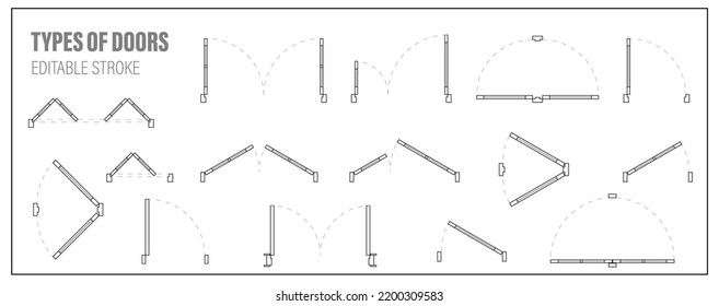 Set of doors for floor plan top view. Architectural kit of icons for interior project. Door for scheme of apartments. Construction symbol, graphic design element, blueprint, map. Vector illustration