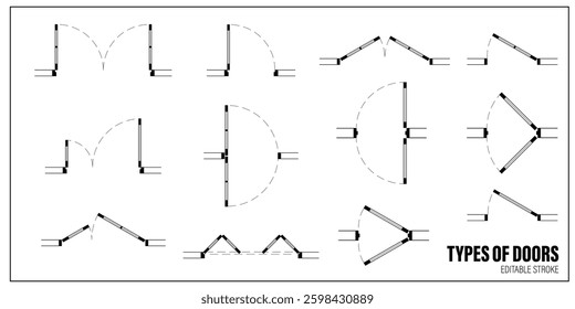 Set of doors for floor plan top view. Architectural kit of icons for interior project. Door for scheme of apartments. Construction symbol, graphic design element, blueprint, map. Vector illustration